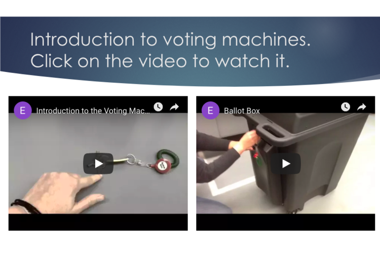Training material for poll workers showing how to use voting machines.