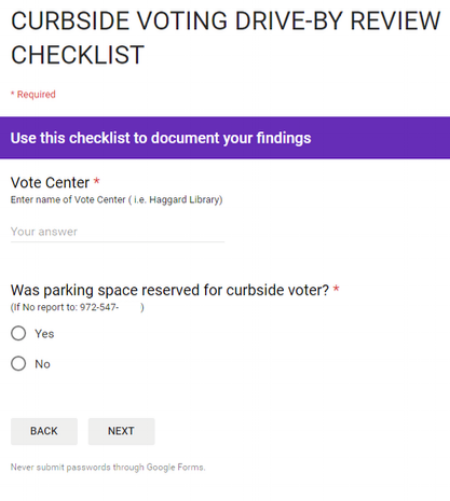 Questionnaire on app about whether curbside voting is accessible