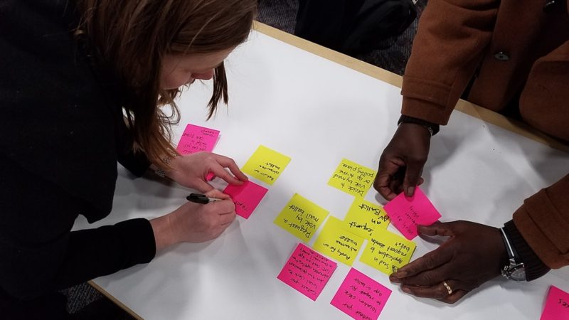 Workshop participants put voting information on a timeline using colorful sticky notes