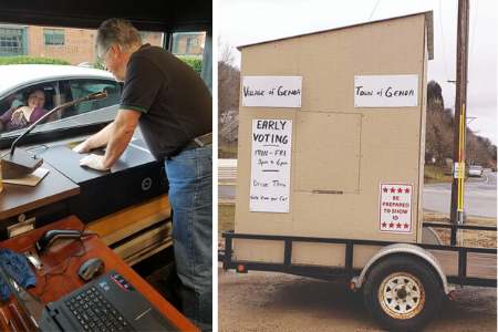 A voter using a drive-thru window to vote, and a makeshift shed voters can drive up to.