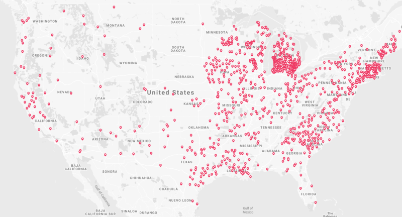 Pin map of U.S. showing locations of election office grant applicants