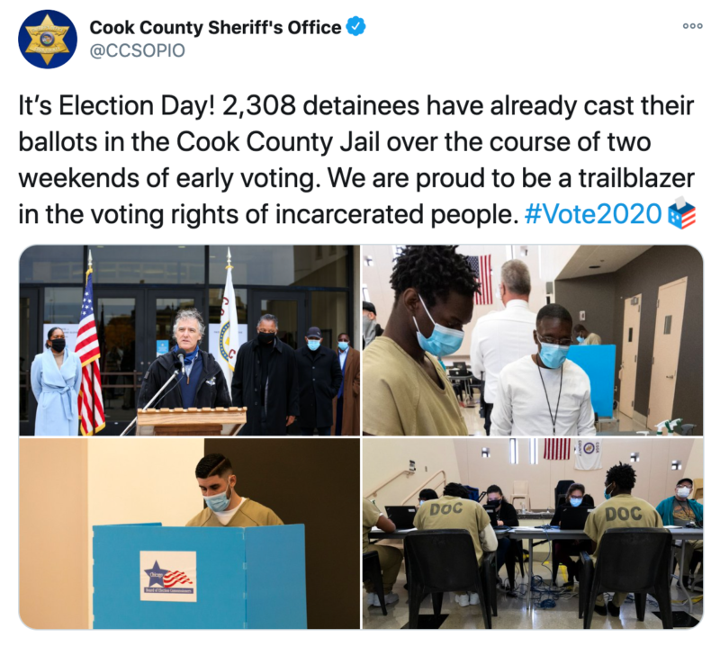 A screenshot of a tweet from Cook County Sheriff's Office with pictures of incarcerated individuals casting their ballots at the jail.