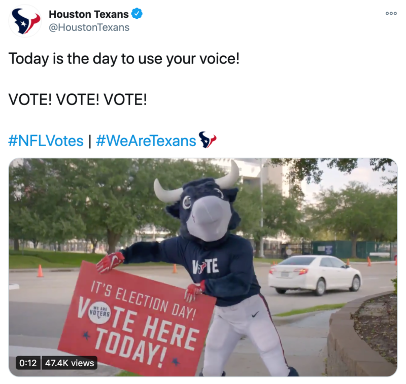 A mascot at a sporting arena encourages people to vote on Election Day