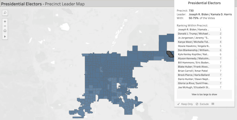 A map of Denver, Colorado divided into its precincts. One precinct is selected, and displays which presidential candidate received the most votes.