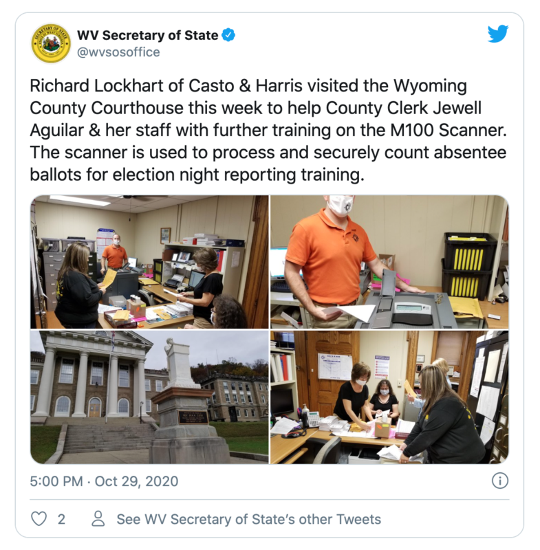 A tweet from West Virginia's Secretary of State that includes photos of a training workshop.