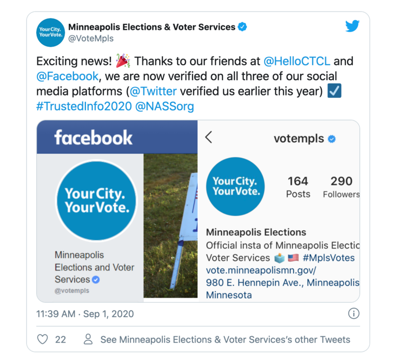 A tweet from Minneapolis Elections and Voter Services announcing that their social media accounts have been verified.