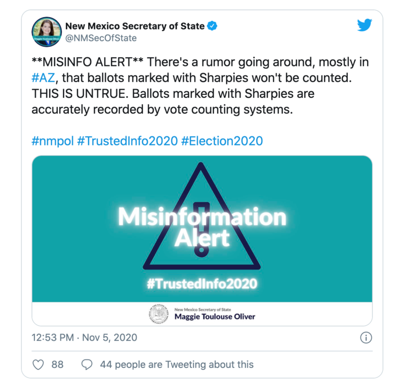 A tweet from New Mexico's Secretary of State, alerting the public about a piece of misinformation.