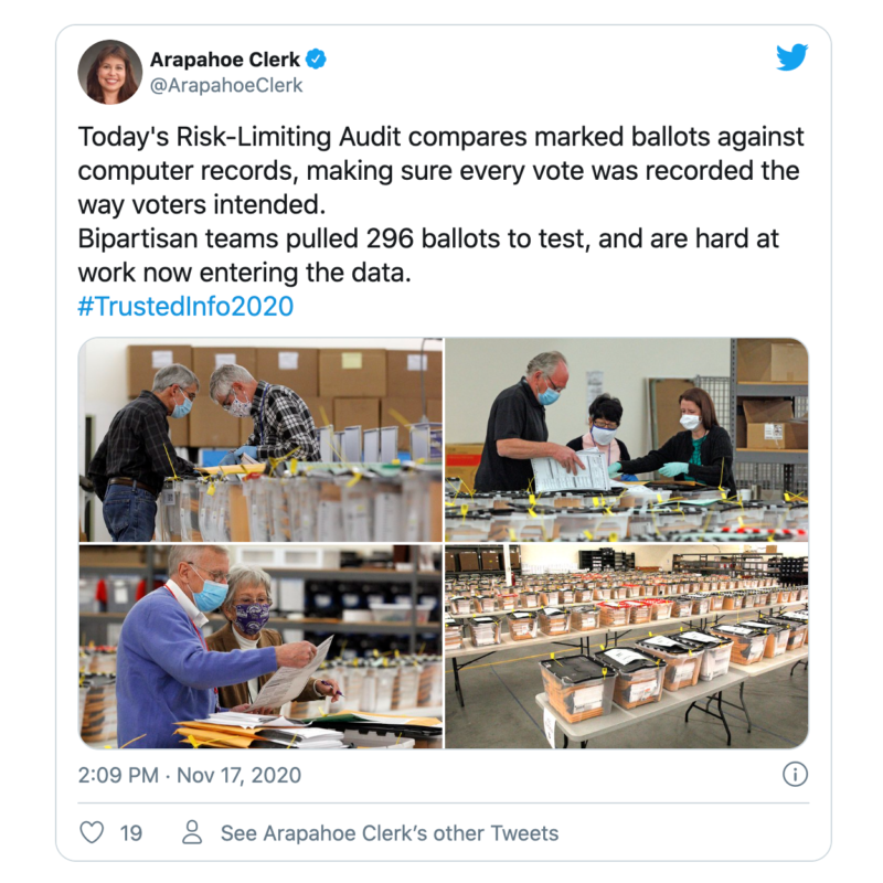A tweet from the Arapahoe County Clerk with photos of election workers counting ballots as they conduct an audit.