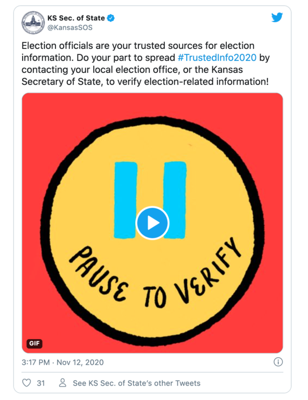A tweet from Kansas' Secretary of State encouraging voters to contact their election office for trusted information. This tweet helps to boost voter confidence.