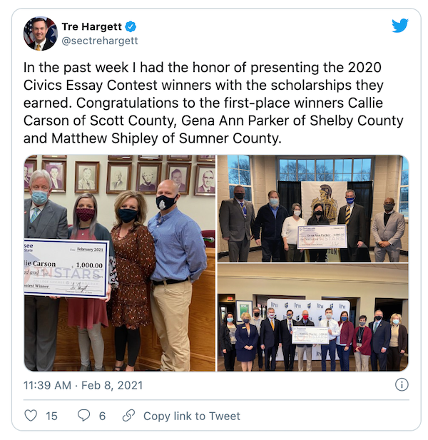 A tweet from the Tennessee Secretary of State with photos with winners of the student essay contest.