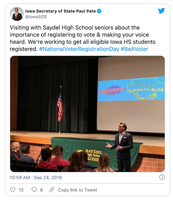 A tweet from the Iowa Secretary of State with a photo of him speaking with high school students.
