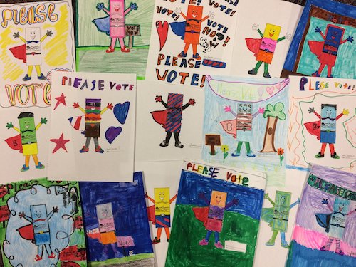 drawings of ballot boxes colored in by students. Many drawings say "Please Vote!"