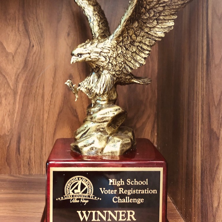 A trophy for the winner of the high school voter registration challenge.
