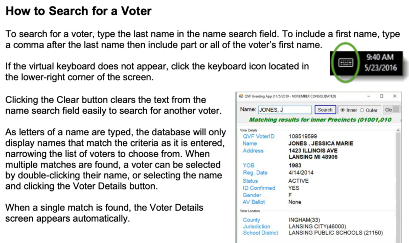 A screenshot of the Michigan greeting application guide explains how to search for a voter.