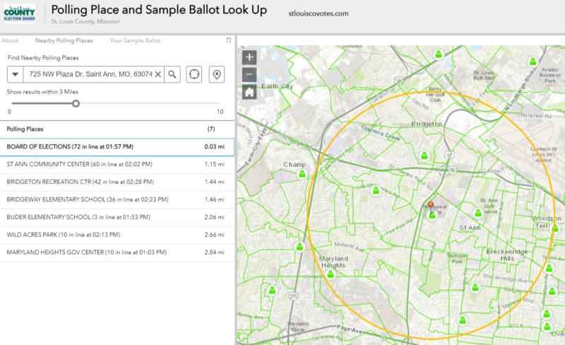 A map with a list of polling places within 3 miles of a certain voter's address.