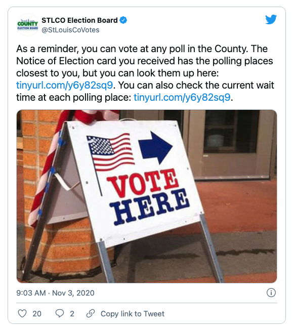 A tweet from St. Louis County Board of Elections raising awareness for their line tracking app.