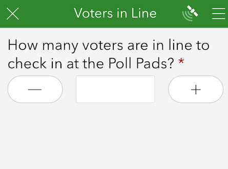 A screen that reads "How many voters are in line to check in at the Poll Pads?"