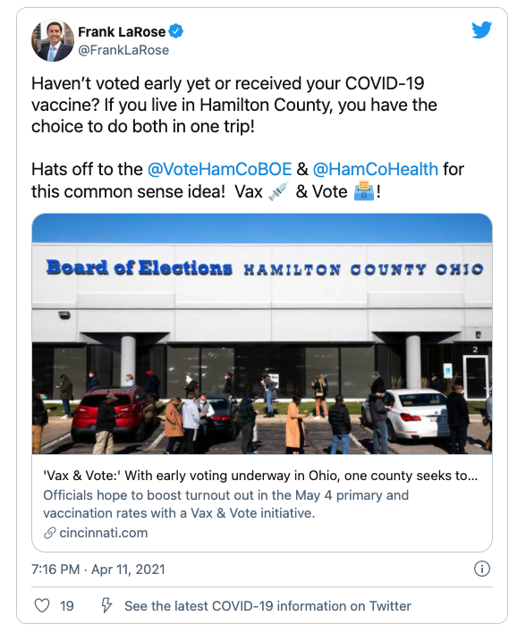 A tweet from Secretary of State Frank LaRose with a link to an article about the Vax & Vote program