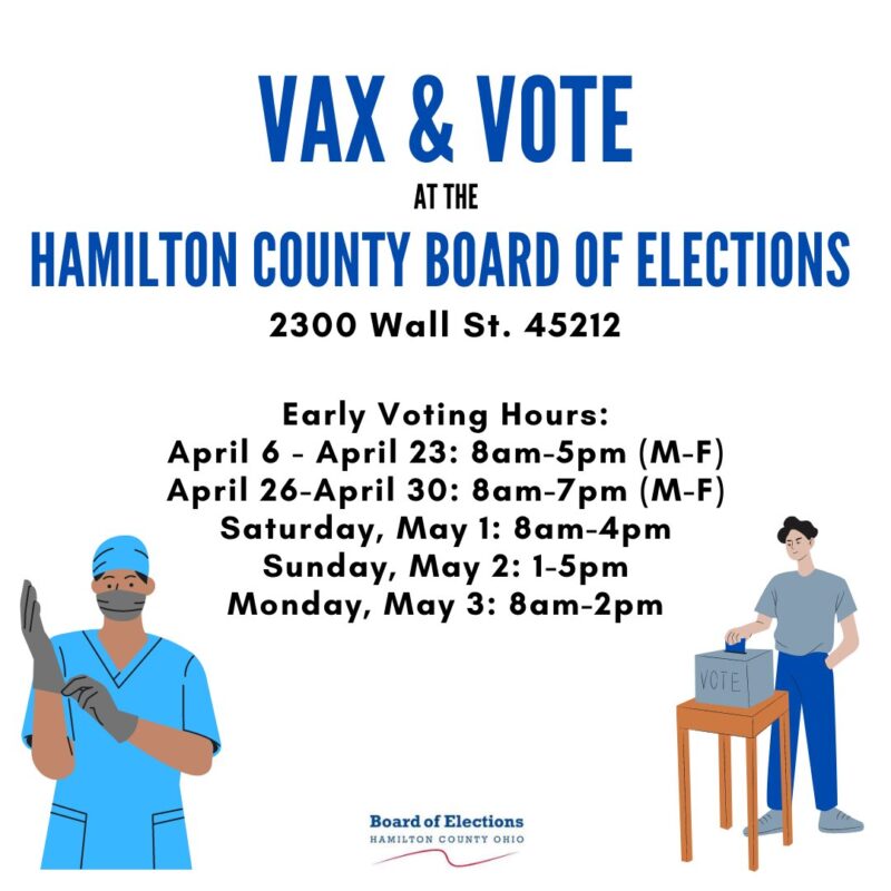 A graphic announcing early voting hours for the Vax and Vote program. The graphic has an image of a nurse and someone casting a ballot.