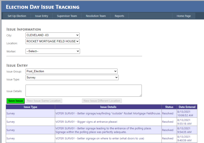 A website called "Election Day Issue Tracking." There is a chart listing issues about voters requesting better signage.