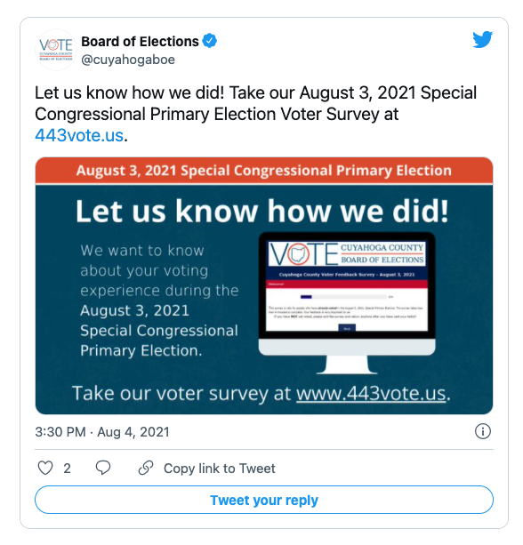 A tweet inviting voters to complete the voter survey. It includes a graphic that says, "Let us know how we did!"