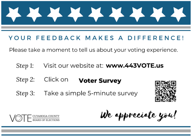 A postcard with a QR code instructing voters to visit the survey website and fill it out.