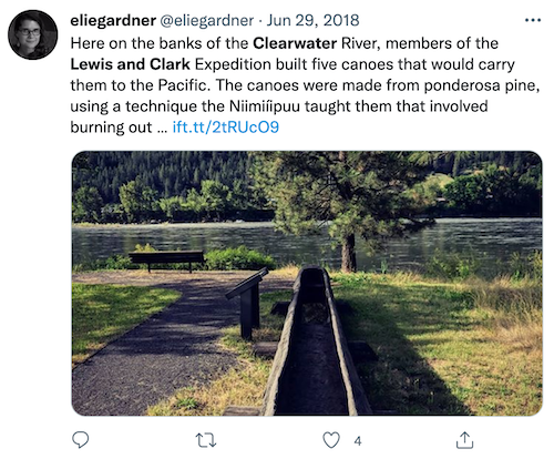 A twitter post with a photo of canoes that Lewis and Clark carved on their journey through Clearwater County.
