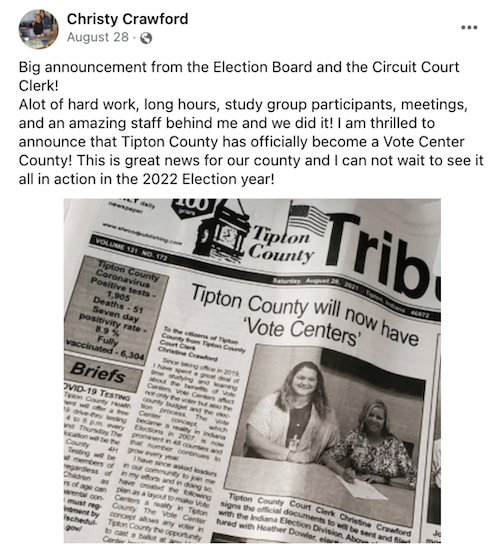 A social media post from Christy Crawford with a photo of a newspaper article that says, "Tipton County will now have Vote Centers"