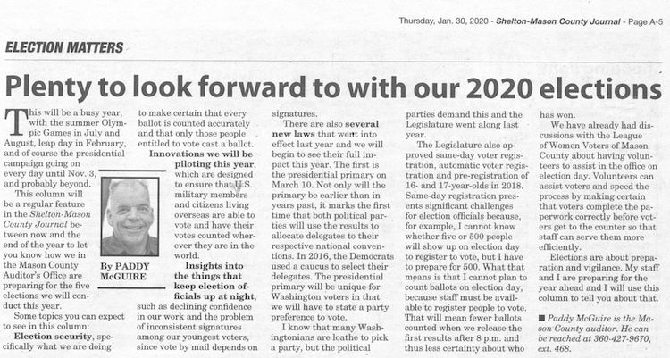 Paddy's first newspaper column, titled "Plenty to look forward to with our 2020 elections"