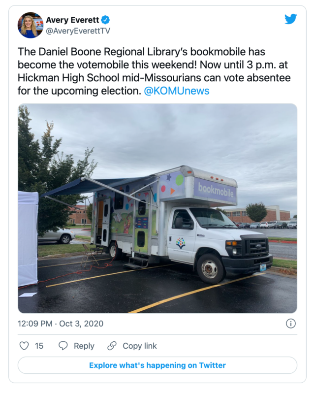 A tweet with a photo of a BookMobile with a caption that reads, "The Daniel Boone Regional Library’s bookmobile has become the votemobile this weekend!"