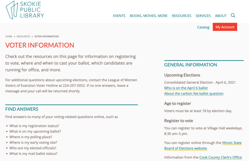 a screenshot of a webpage from Skokie Public Library. One section reads, "Find answers to many of your voting-related questions."