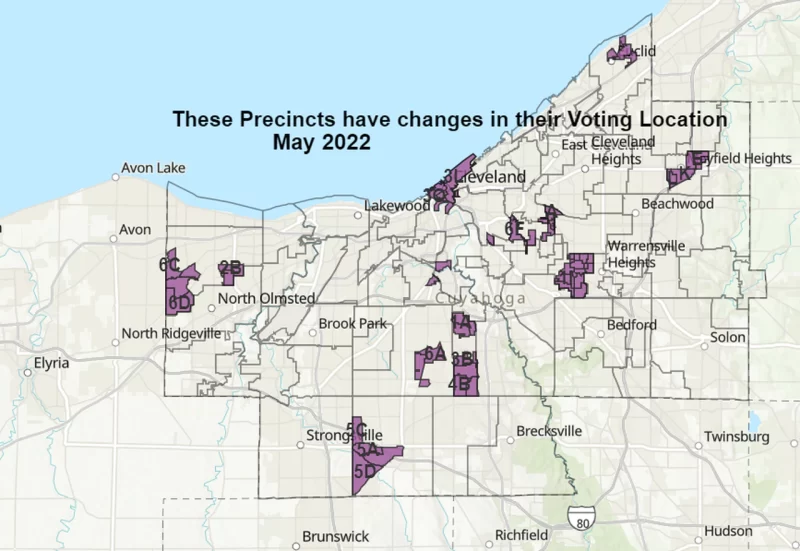 A map with text that says "these precincts have changes in their voting location May 2022"