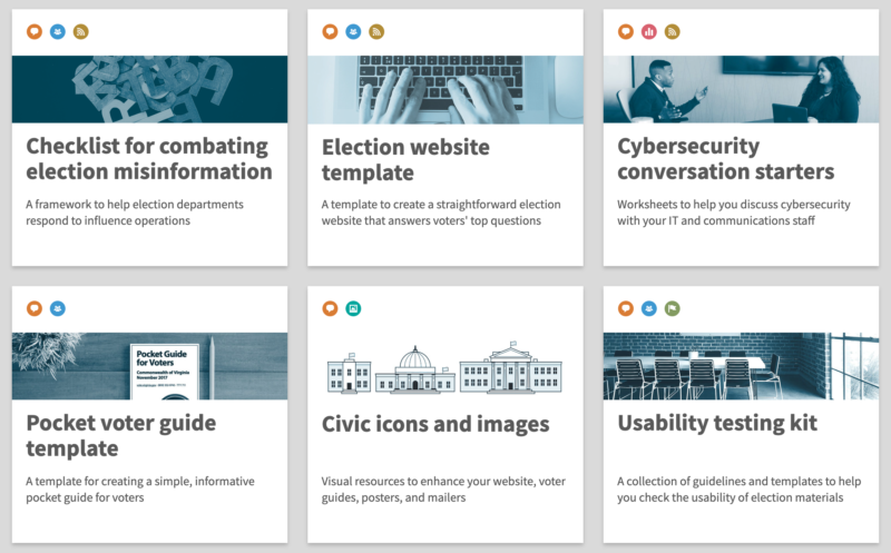 Icons on a website that say, "Checklist for combating election misinformation," "Election website template," "Cybersecurity conversation starters," and more.
