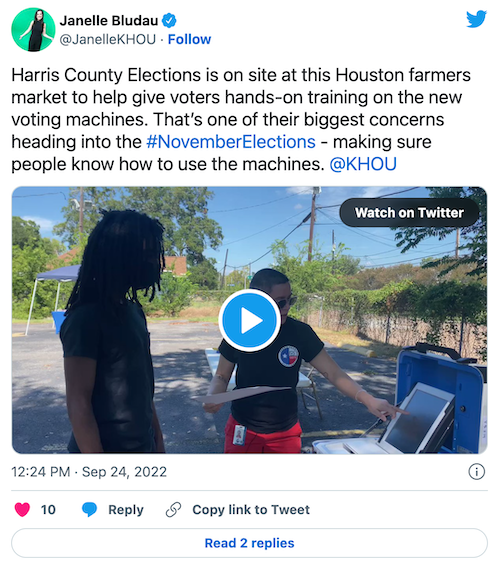 A tweet with a video of the Harris County elections team demonstrating new voting machines to voters.