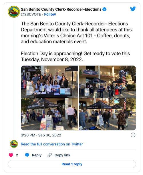 A tweet from the San Benito County elections team with photos from their Voters Choice Act 101 event.