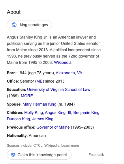 google search results with information about Angus King of Maine