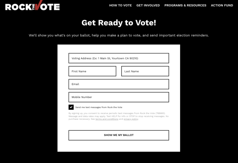 An online form that says "Get ready to vote!" and allows users to fill in their address to receive information about what's on their ballot
