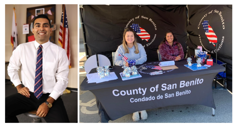two photos: one of a man posing and another of two women at a booth that says "County of San Benito"