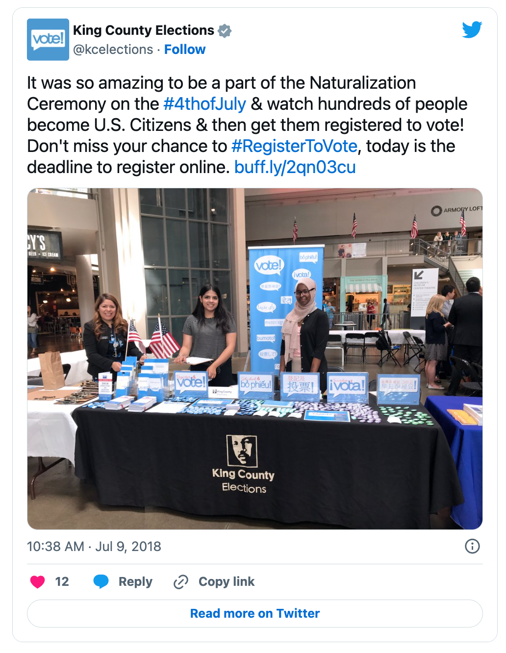 A tweet with a photo of people standing behind a voter registration booth. The tweet reads, "It was so amazing to be a part of the Natrualization Ceremony on the 4th of July & watch hudnreds of people become U.S. Citizens & then get them registered to vote!"