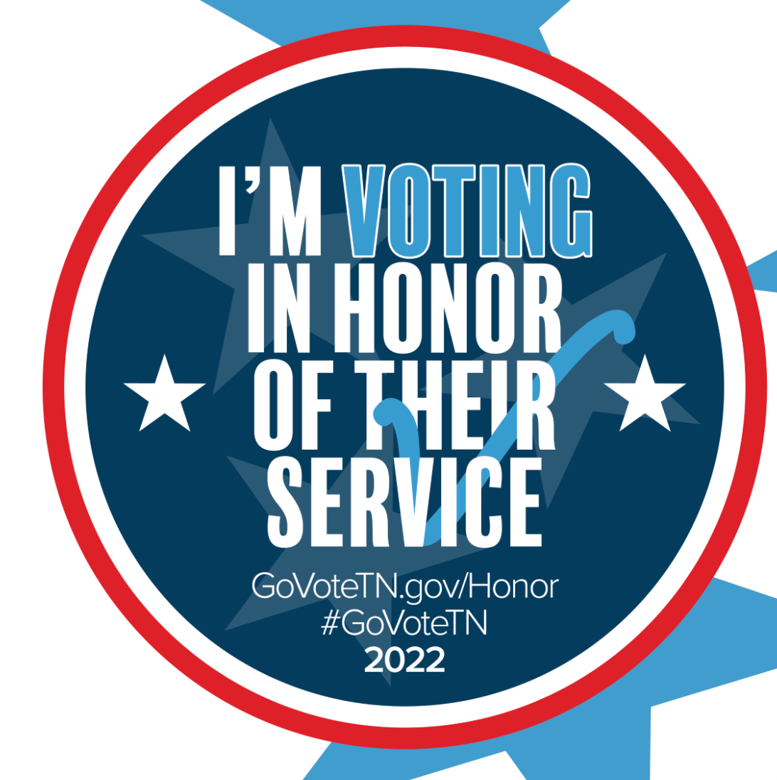 A red, white, and blue graphic that reads, "I'm voting in honor of their service"
