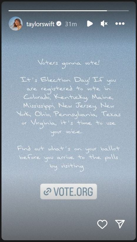 A screenshot of Taylor Swift's Instagram story encouraging voters to find out what's on their ballot at vote.orgto 